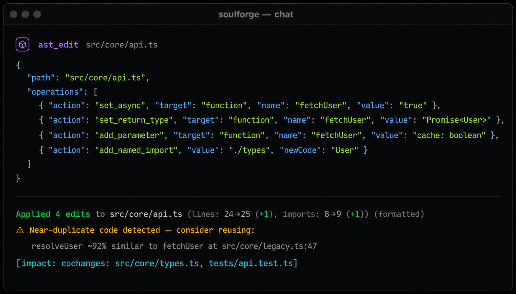 ast_edit tool call rendered in the SoulForge TUI